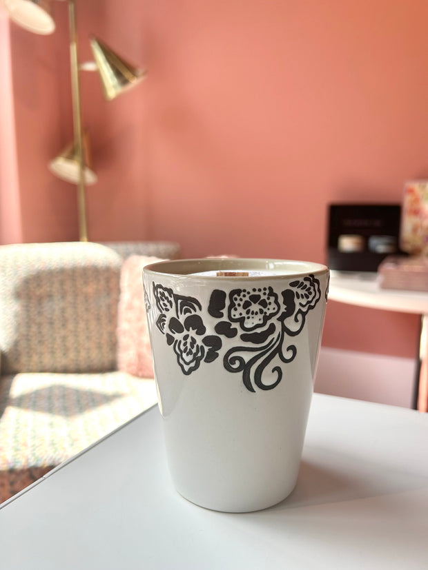 Black Flowers Ceramic Mug Candle
