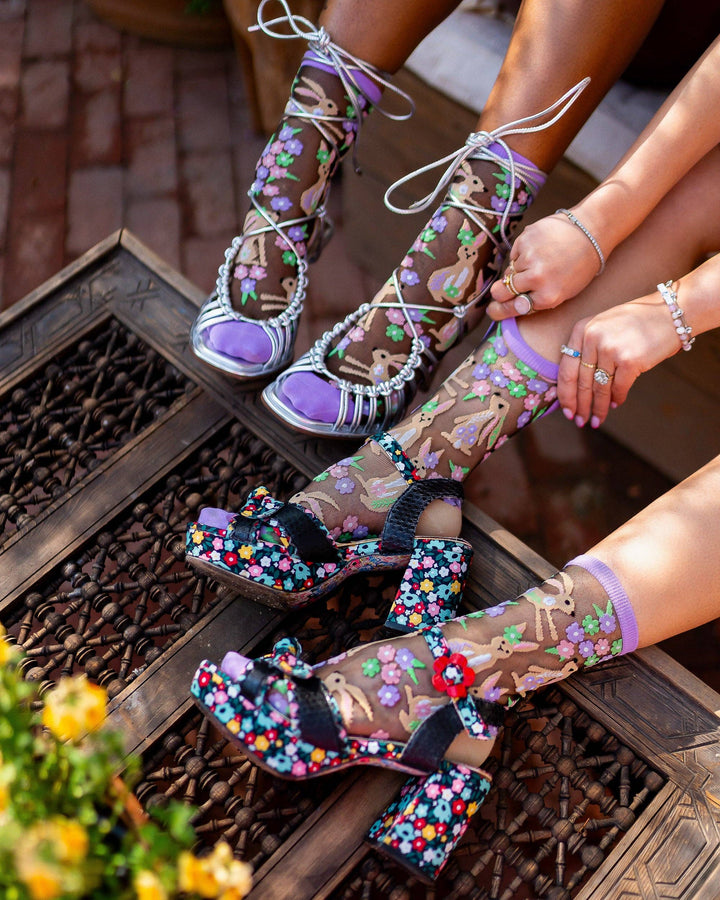 Rabbit Floral Black Sheer Crew Sock