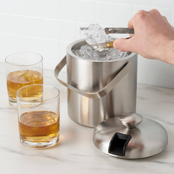 Insulated Stainless Steel Handled Ice Bucket w Lid and Tongs
