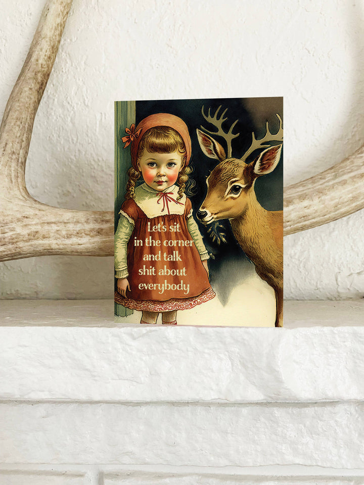Let's Talk Shit Greeting Card - Funny Retro Girl with Deer