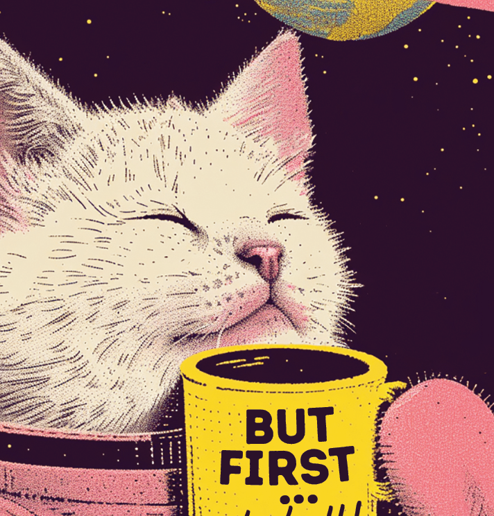 BUT FIRST! SPACECAT COFFEE funny greeting card