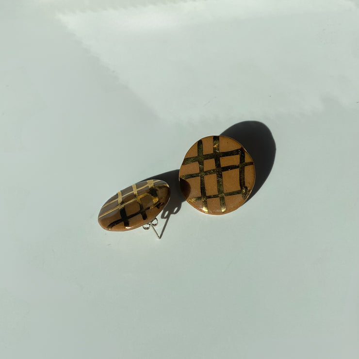 Medium Round Brown+ Gold Grid Earrings