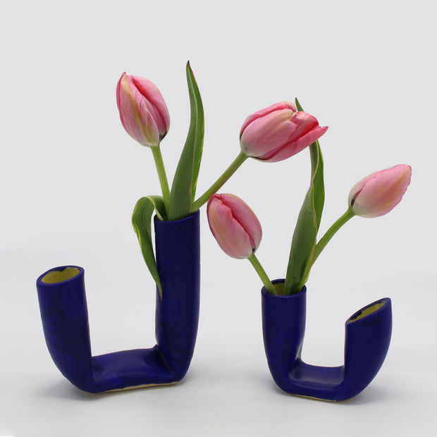 Matte Blue Yellow Interior Small Vase