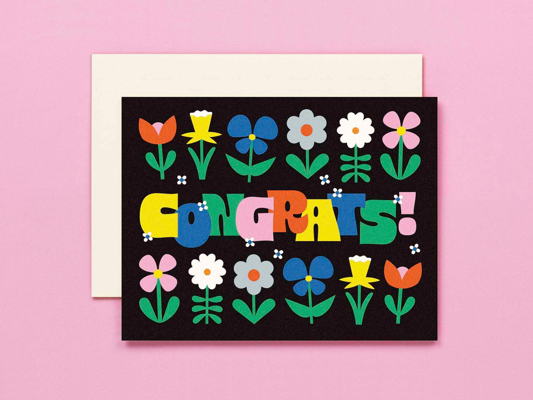 Celebration Garden • Typographic Retro Flowers Congrats Card