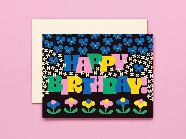 Birthday Garden • Typographic Retro Flowers Birthday Card
