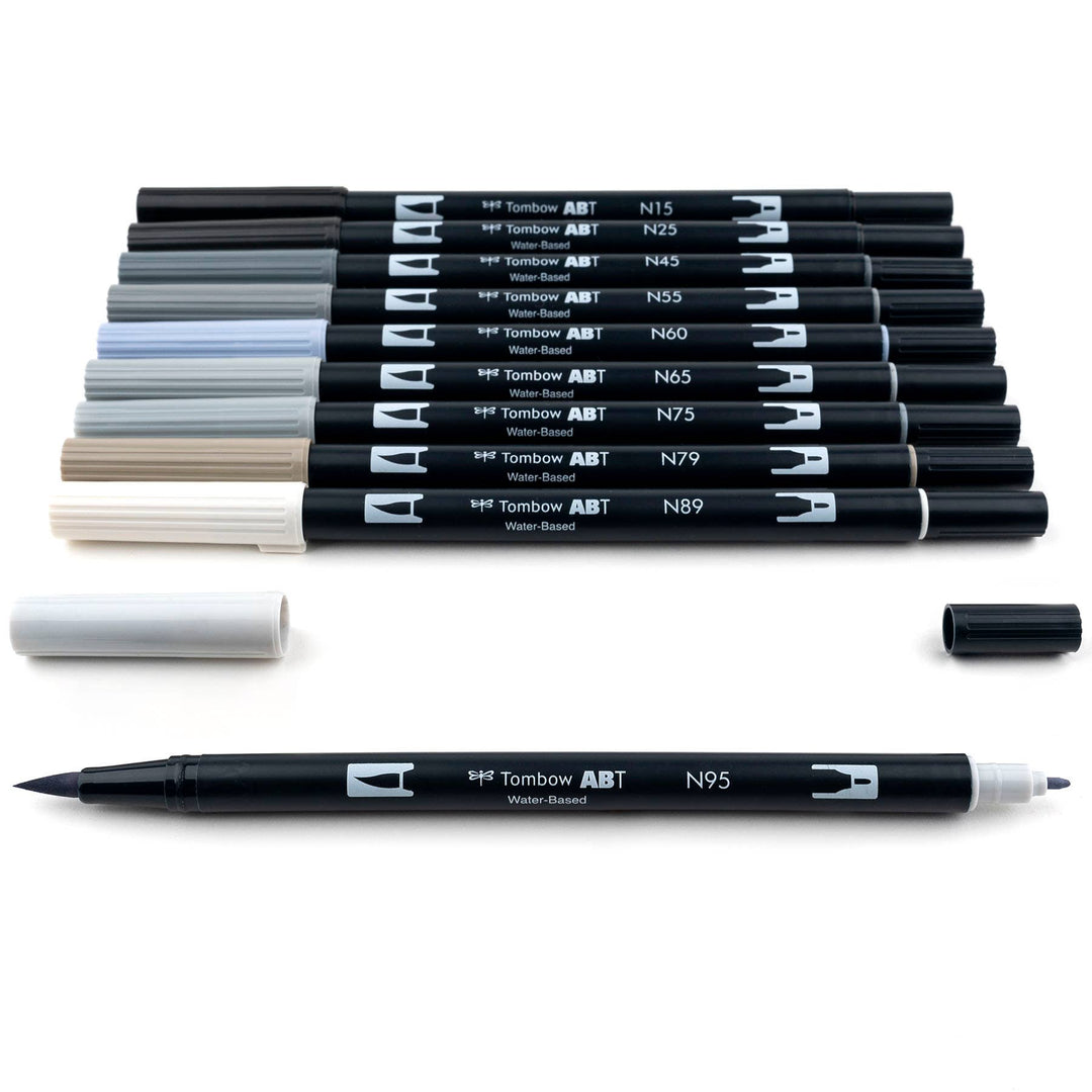 Dual Brush Pen Art Markers: Grayscale - 10-Pack