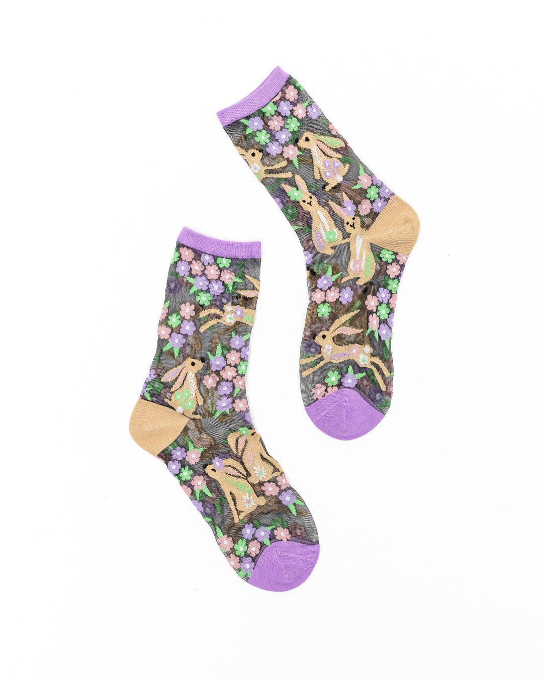 Rabbit Floral Black Sheer Crew Sock