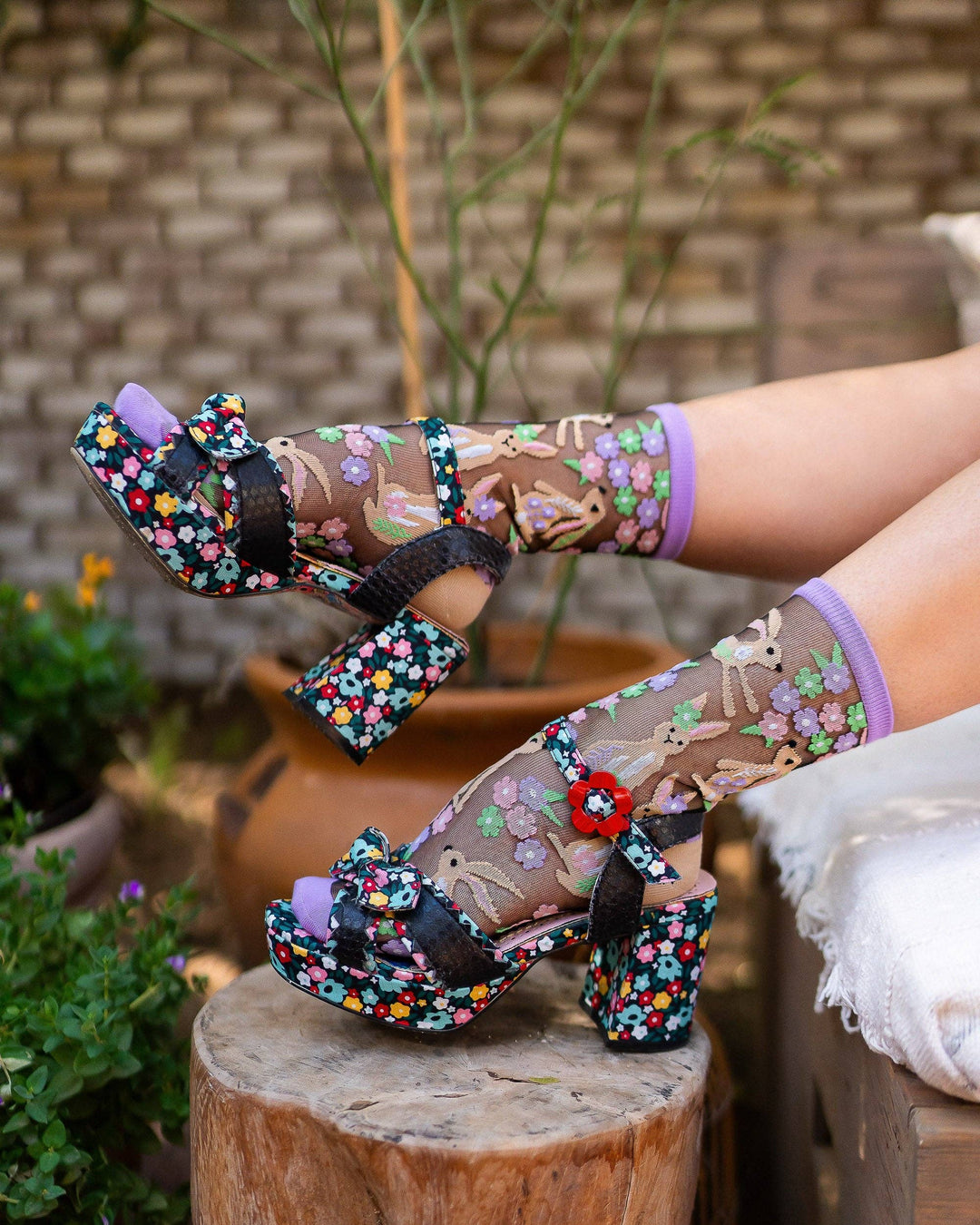 Rabbit Floral Black Sheer Crew Sock