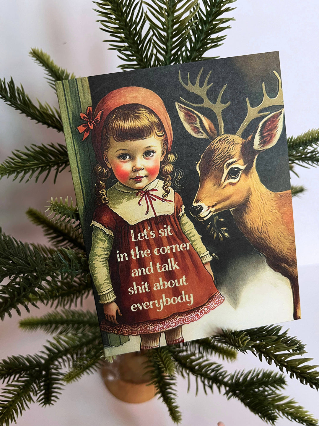 Let's Talk Shit Greeting Card - Funny Retro Girl with Deer
