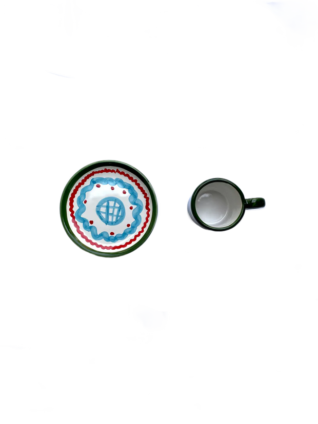 Green & Light Blue Squiggle Ceramic Coffee Cup & Saucer