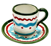 Green & Light Blue Squiggle Ceramic Coffee Cup & Saucer