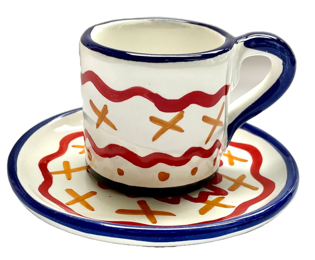 Blue & Red X Ceramic Coffee Cup & Saucer