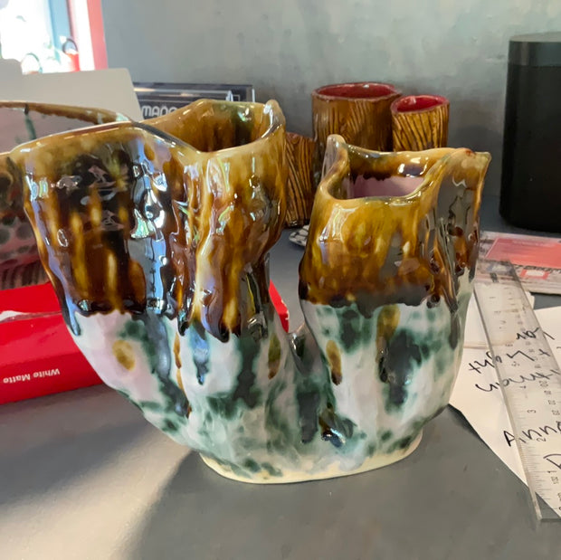 Pink and Green Double Vase w brown glaze