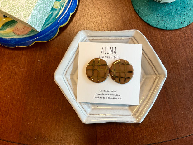 Medium Round Brown+ Gold Grid Earrings