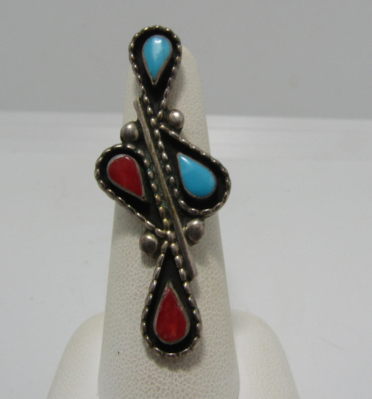LONG 2" SIGNED RED CORAL TURQUOISE STERLING RING