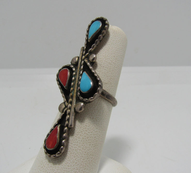 LONG 2" SIGNED RED CORAL TURQUOISE STERLING RING