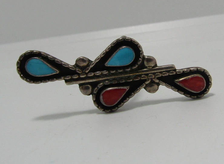 LONG 2" SIGNED RED CORAL TURQUOISE STERLING RING
