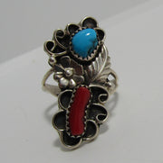 SIGNED M RED CORAL TURQUOISE STERLING FLOWER RING