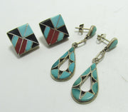 UNIQUE TURQUOISE RED CORAL STERLING EARRINGS