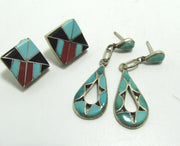 UNIQUE TURQUOISE RED CORAL STERLING EARRINGS
