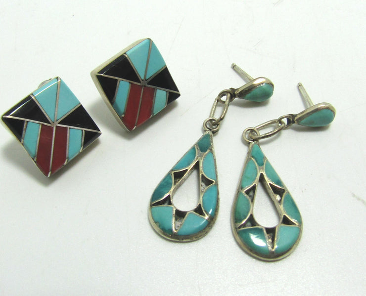 UNIQUE TURQUOISE RED CORAL STERLING EARRINGS