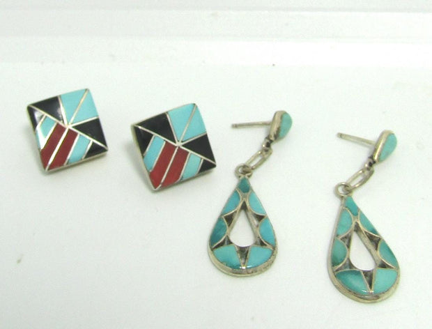 UNIQUE TURQUOISE RED CORAL STERLING EARRINGS