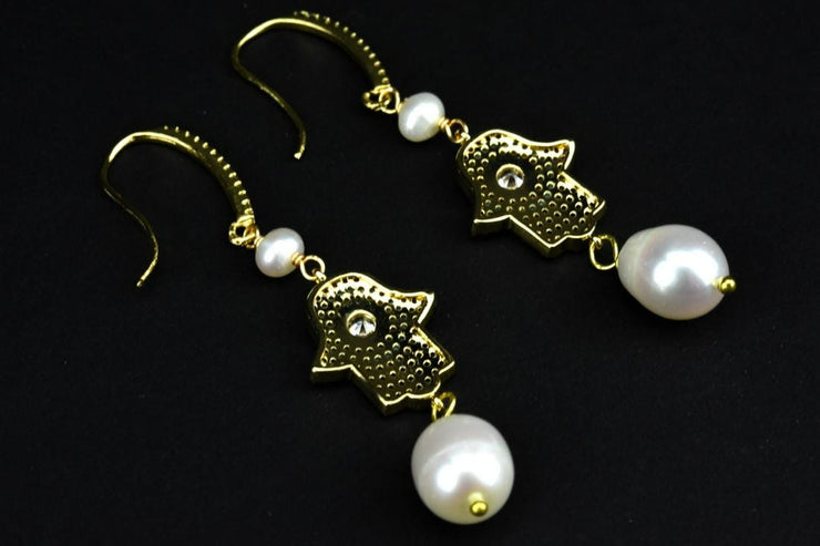 Pair Of Pave Set Baroque Pearl Hamsa Earrings