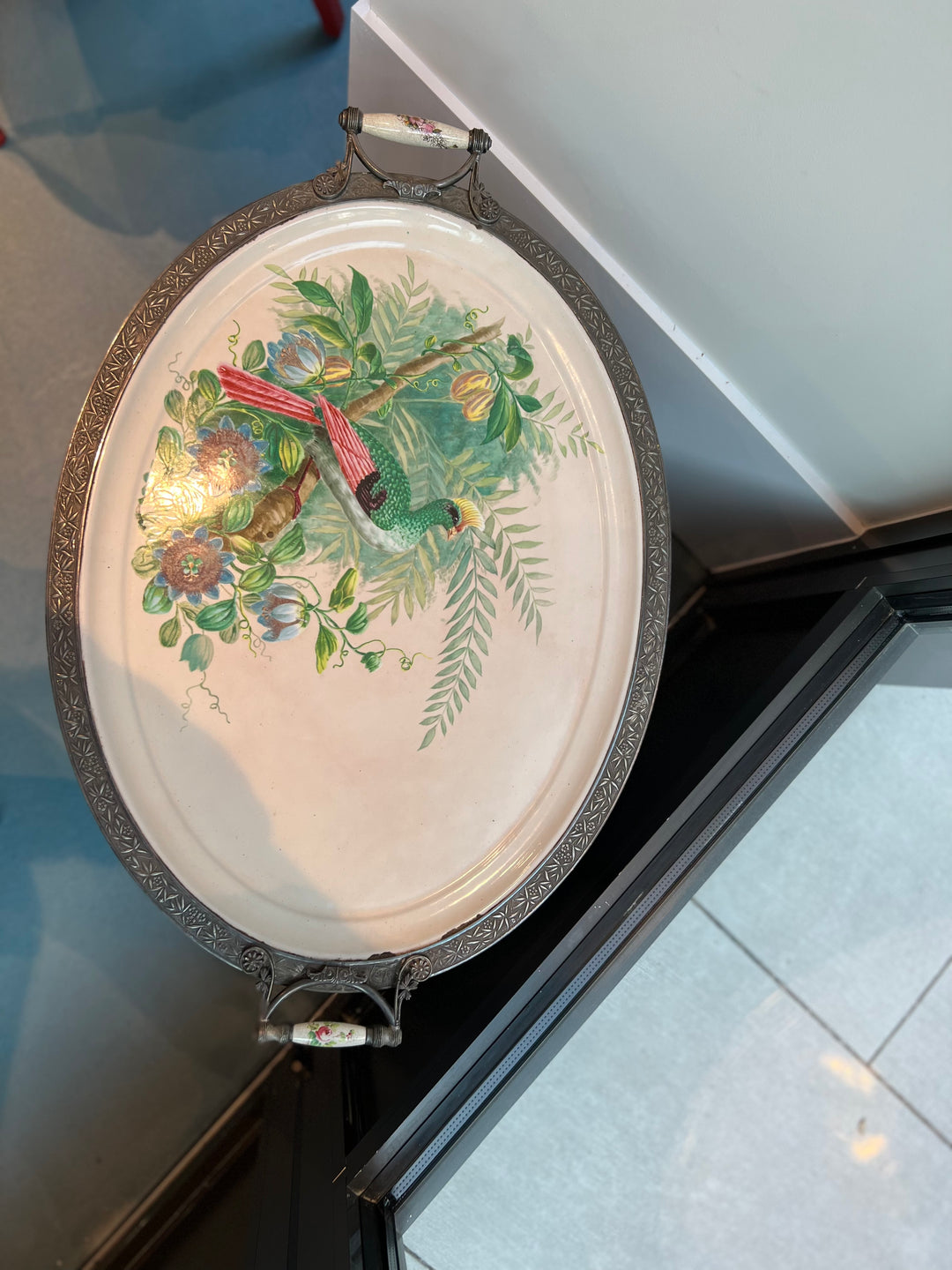 Enamel Peacock Tray w Black Base