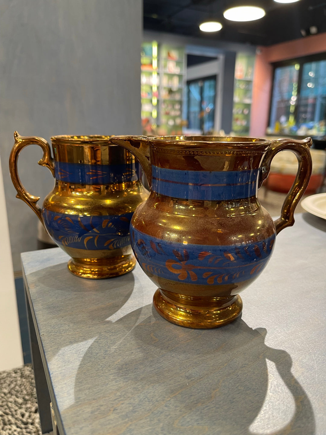 Vintage Copper Lustre Pitchers with Blue Band