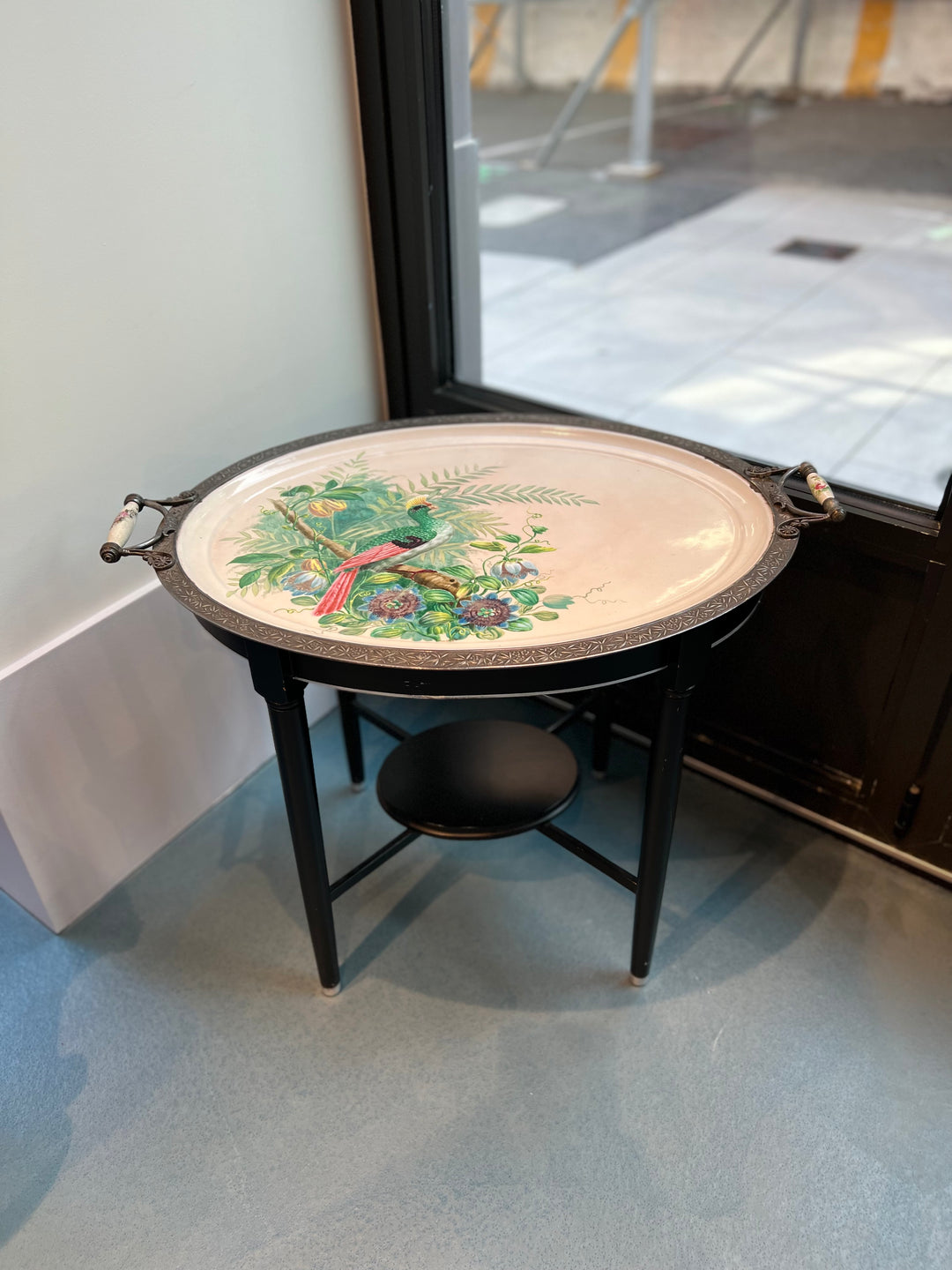 Enamel Peacock Tray w Black Base