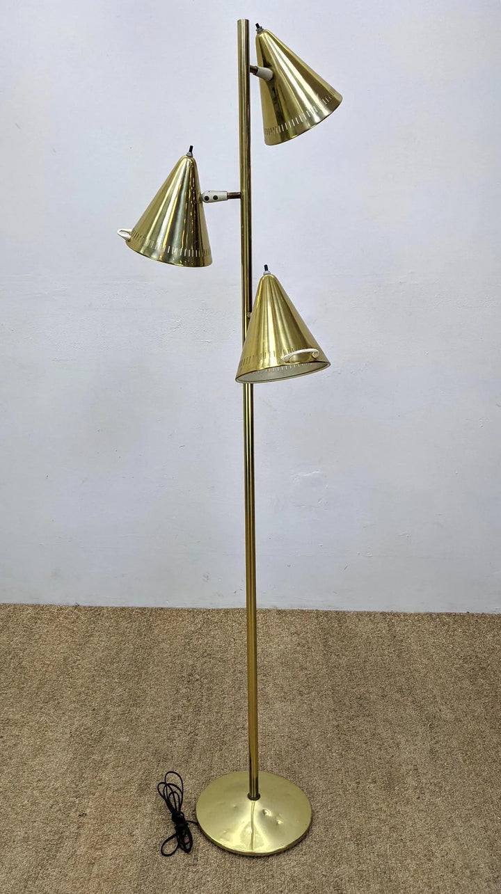 Lightolier Style Gold Tone Floor Lamp with Cone Shades.